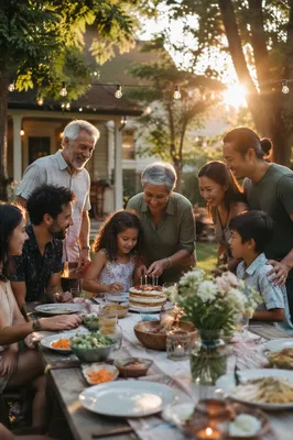 Joyful Family Celebration in Backyard at Sunset