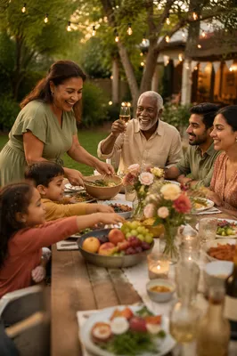 Multigenerational Family Dinner in Garden at Sunset