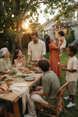Multigenerational Family Celebration in Backyard at Sunset