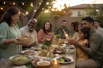 Multigenerational Family Celebration in Backyard at Sunset