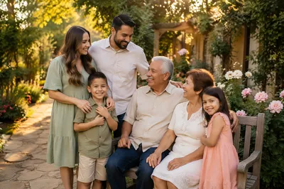 Multigenerational Family in Garden at Golden Hour
