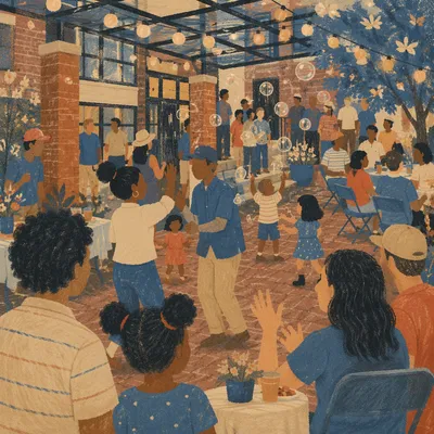 Warm Neighborhood Block Party at Dusk