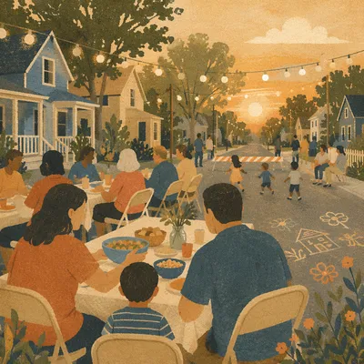 Golden Hour Neighborhood Block Party Gathering