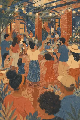 Warm Neighborhood Block Party at Dusk