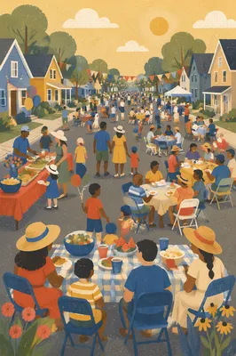 Joyful Neighborhood Block Party at Sunset