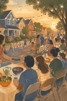 Golden Hour Neighborhood Block Party Gathering