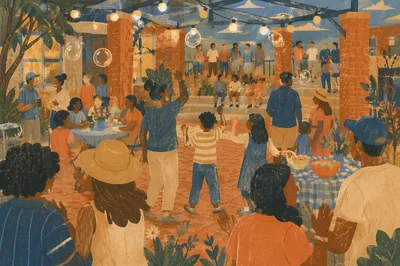 Neighborhood Block Party in Evening Courtyard