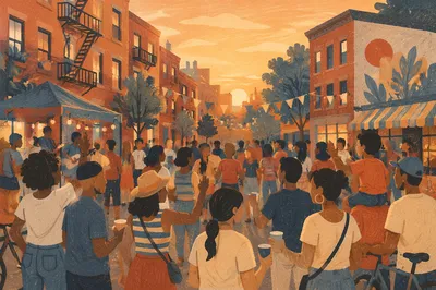 Golden Hour Neighborhood Block Party Gathering