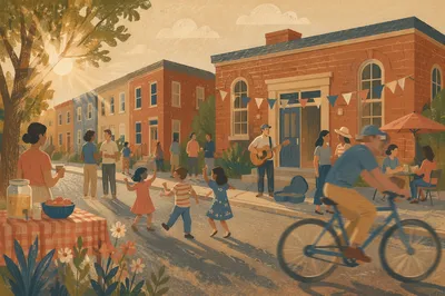 Warm Neighborhood Block Party on Residential Street