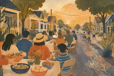 Golden Hour Neighborhood Block Party Gathering