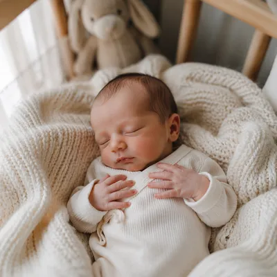 Newborn Baby Sleeping on Knitted Blanket