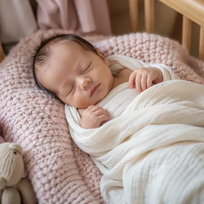 Sleeping Newborn on Soft Knitted Blanket