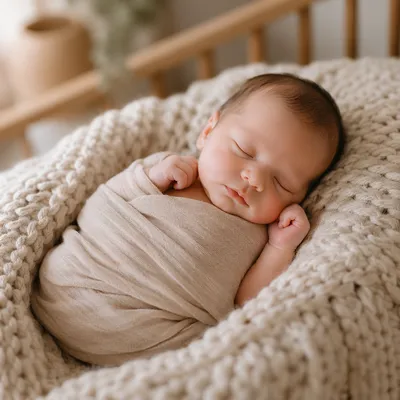 Newborn Baby Sleeping on Knitted Blanket