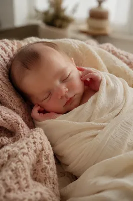 Sleeping Newborn on Soft Knit Blanket