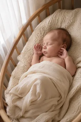 Newborn Baby Sleeping in Wooden Bassinet