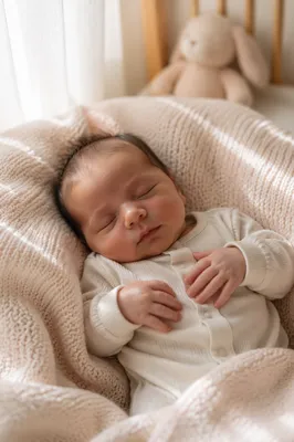 Sleeping Newborn on Soft Knitted Blanket