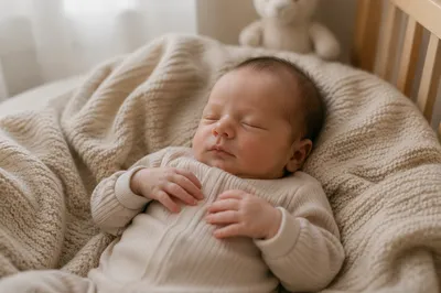 Sleeping Newborn on Soft Knitted Blanket