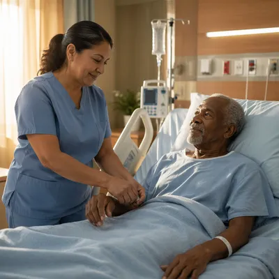 Nurse Checking Elderly Patient in Hospital