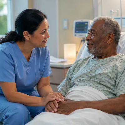 Nurse Comforting Elderly Patient in Hospital Room