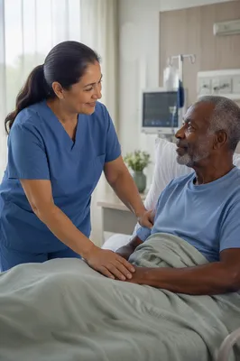 Nurse Comforting Elderly Patient in Hospital Room