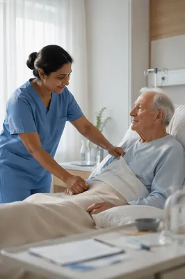 Nurse Comforting Elderly Patient in Hospital Room