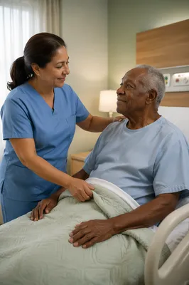 Nurse Comforting Elderly Patient in Hospital Room