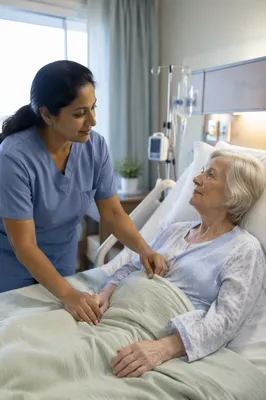Nurse Comforting Elderly Patient in Hospital