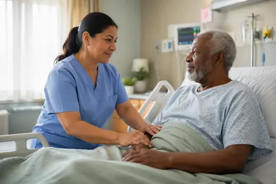 Nurse Comforting Elderly Patient in Hospital Bed