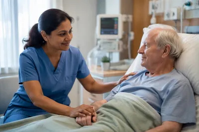 Nurse Comforting Elderly Patient in Hospital Room