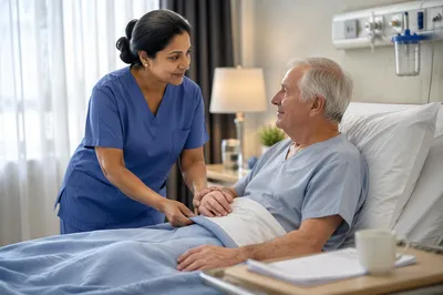 Nurse Comforting Elderly Patient in Hospital Room