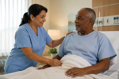 Nurse Comforting Elderly Patient in Hospital Room
