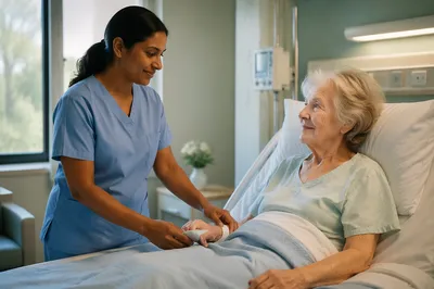 Nurse Comforting Elderly Patient in Hospital