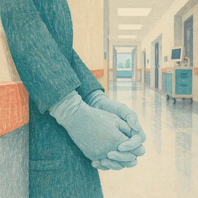 Nurse Praying Hands in Hospital Corridor
