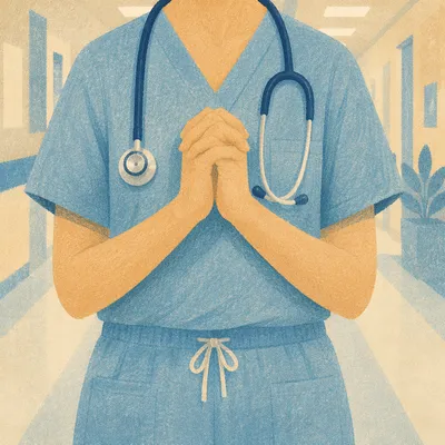 Praying Nurse in Quiet Hospital Corridor