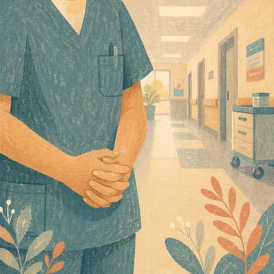 Nurse Hands Praying in Hospital Corridor