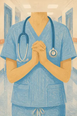 Praying Nurse in Peaceful Hospital Corridor