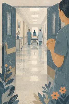 Nurse Praying in Quiet Hospital Corridor