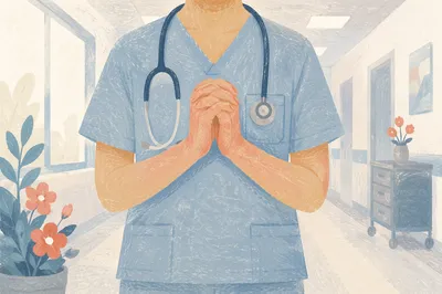 Praying Healthcare Worker in Hospital Corridor
