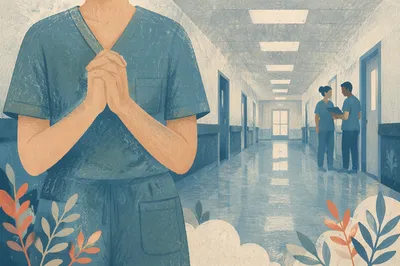 Praying Nurse in Quiet Hospital Corridor