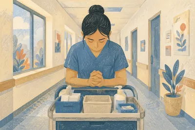 Praying Nurse in Quiet Hospital Corridor