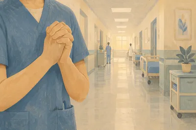 Nurse Praying in Quiet Hospital Corridor