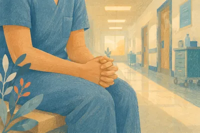 Praying Nurse Hands in Hospital Corridor