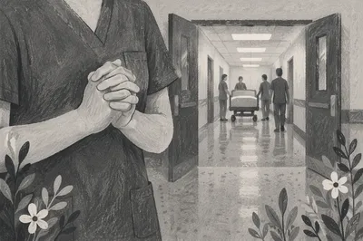 Praying Nurse Hands in Hospital Corridor
