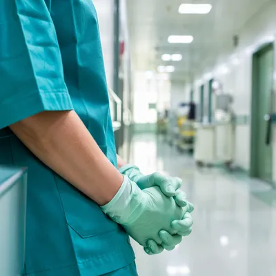 Praying Nurse Hands in Hospital Corridor