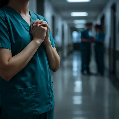 Nurse Praying in Quiet Hospital Corridor
