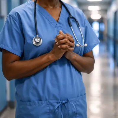Praying Nurse in Peaceful Hospital Corridor