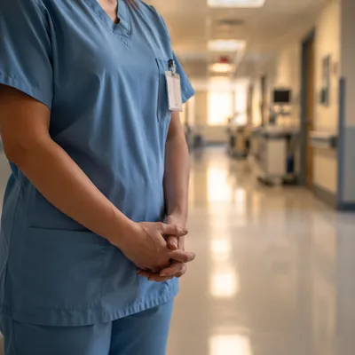 Nurse Praying Quietly in Hospital Corridor