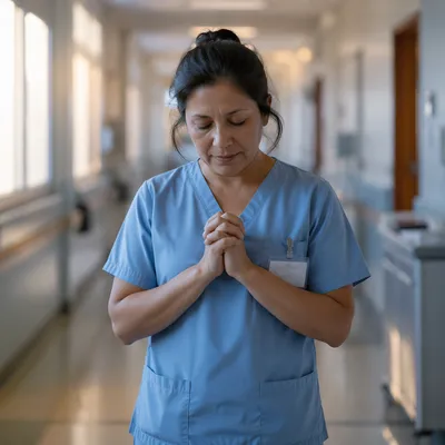 Nurse Praying in Quiet Hospital Corridor