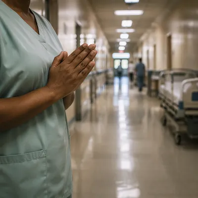 Nurse Praying in Quiet Hospital Corridor