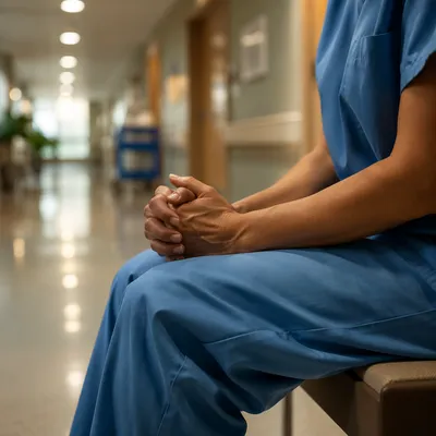 Nurse Praying Quietly in Hospital Corridor